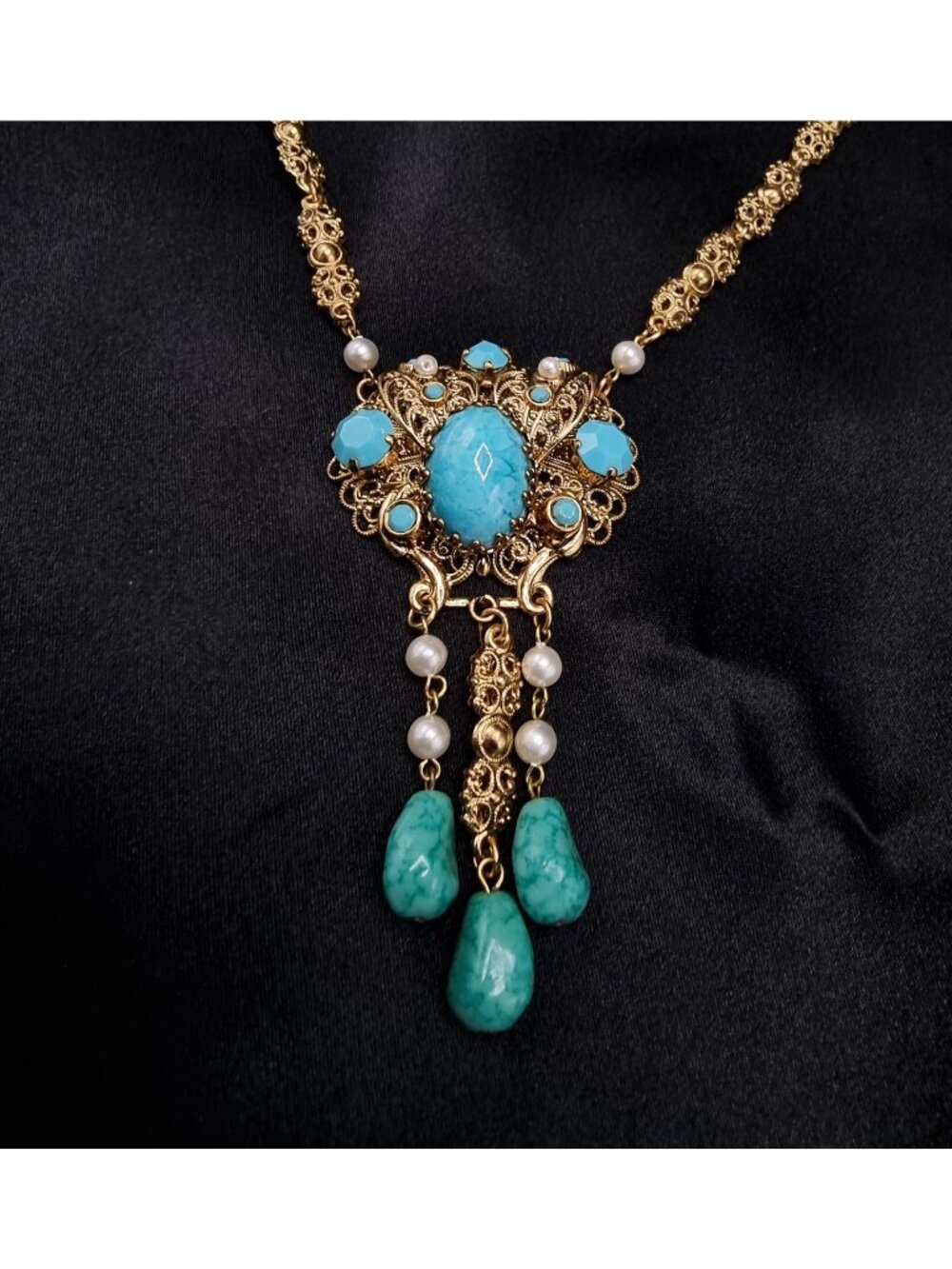 Vintage WEST GERMANY Signed Turquoise & Pearl Gold Filigree Statement Necklace